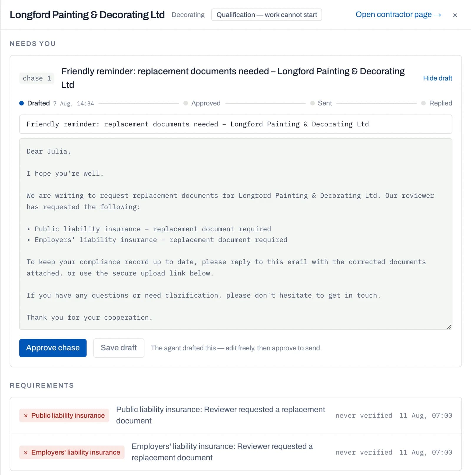 A drafted chase email shown in an editor with Approve and Save controls, and a progress strip from drafted through to replied.