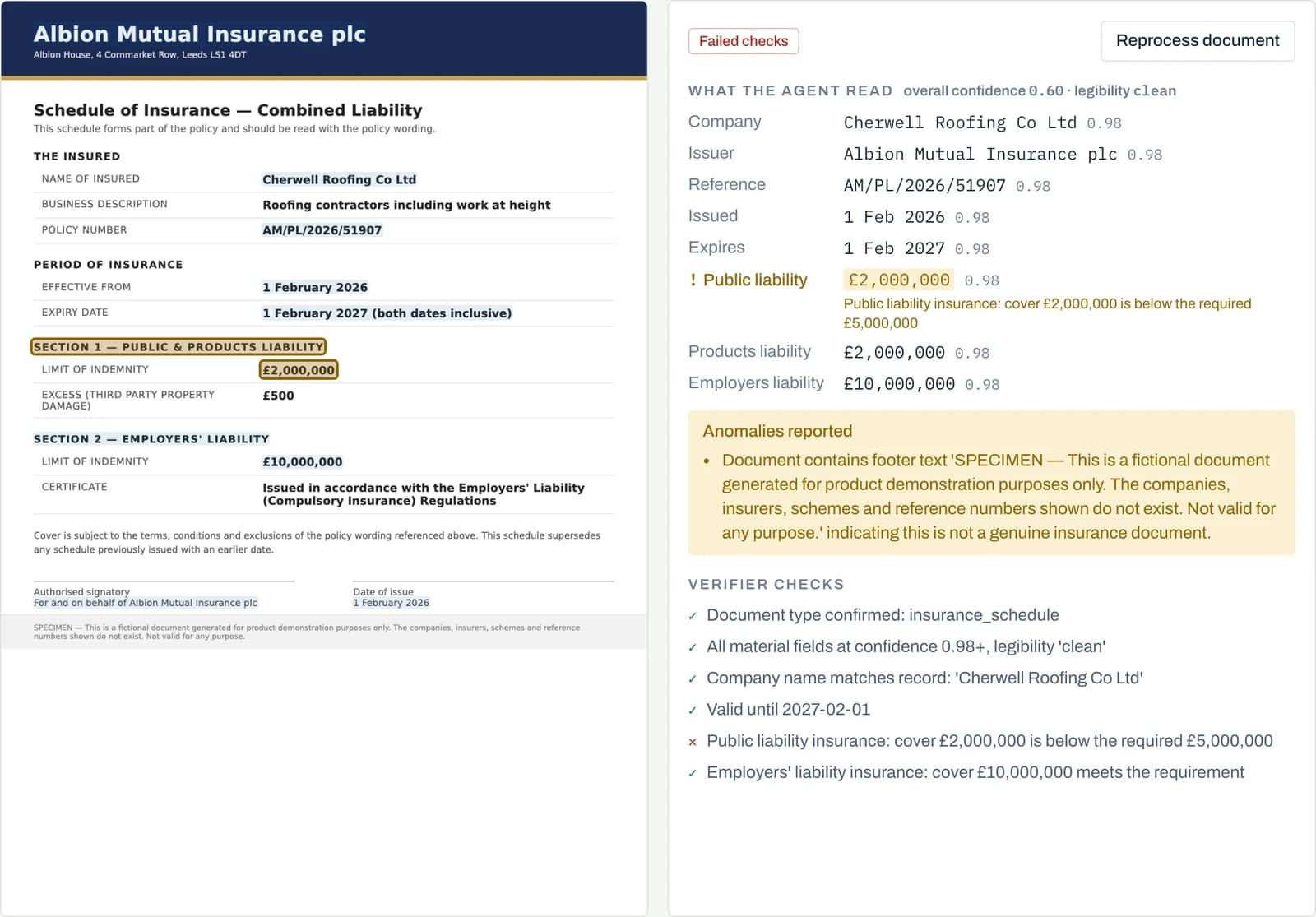 An insurance certificate beside the values read from it, with the limit of indemnity ringed on the certificate.