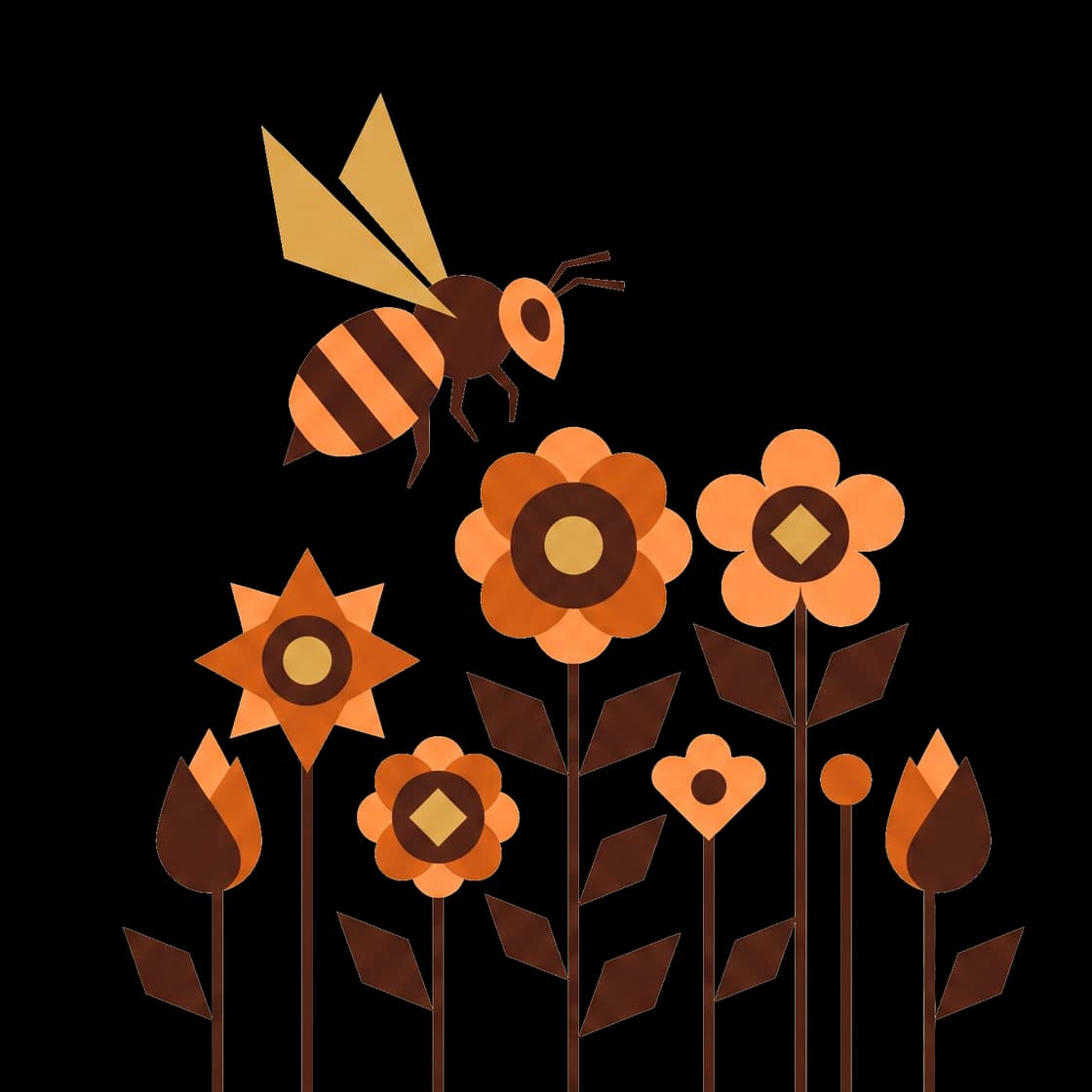 Illustration of a bee hovering over a small garden of stylised orange flowers, most in bloom and some still in bud.