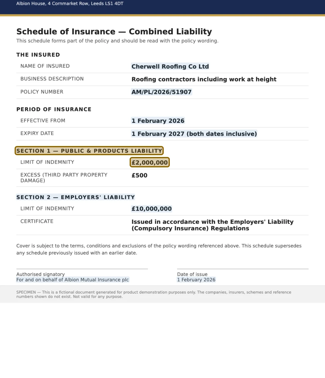 An insurance certificate beside the values read from it, with the limit of indemnity ringed on the certificate.