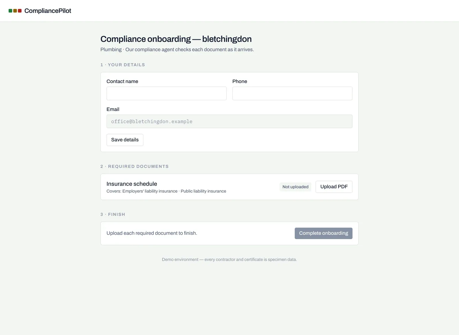 The contractor onboarding page: contact details to confirm, an insurance schedule to upload, and a finish step that stays locked until every required document is in.