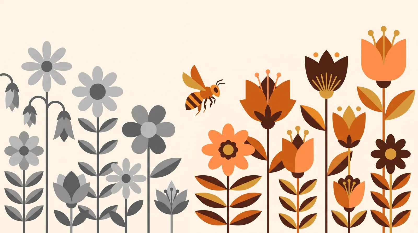 Illustration of a garden fading from grey on the left into warm colour on the right, with a bee flying at the boundary.